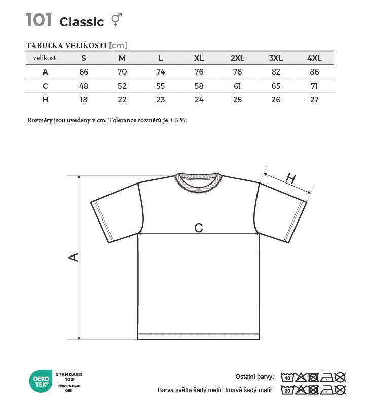 101 Classic tričko unisex Tabulka velikostí